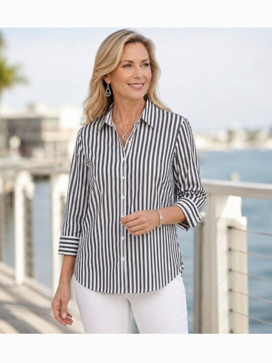 Chico's Tops - Chicos Gray White Striped Button Down Shirt 3/4 Sleeve Size 2 US 12